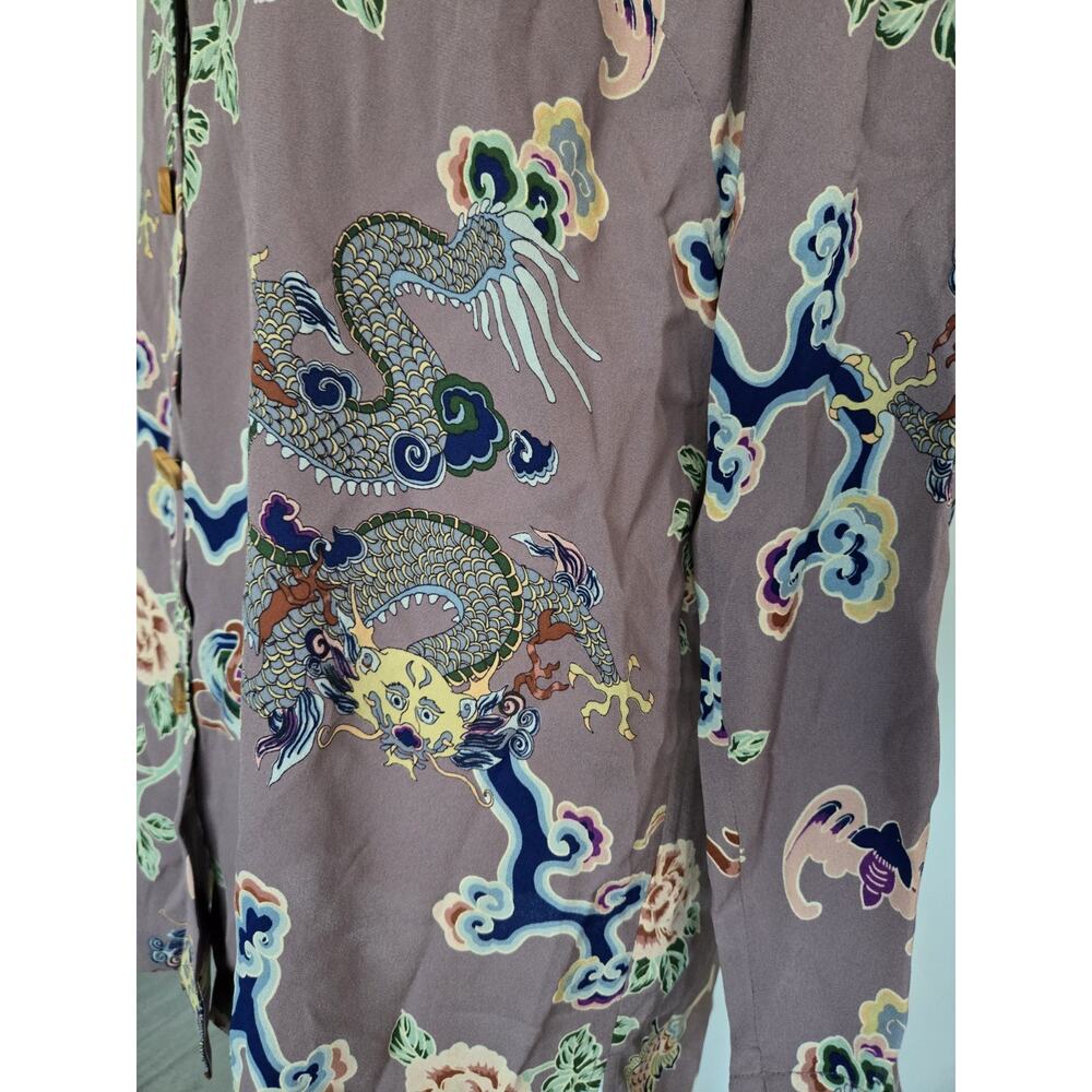 Harari Silk Asian Dragon Print Art Flowy Banded Collar Button Tunic Top Sz S - Picture 3 of 16